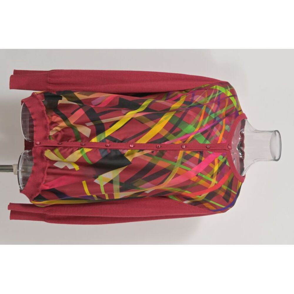 Escada Twin Set Crew Neck Cardigan in Abstract Printed Red Wool